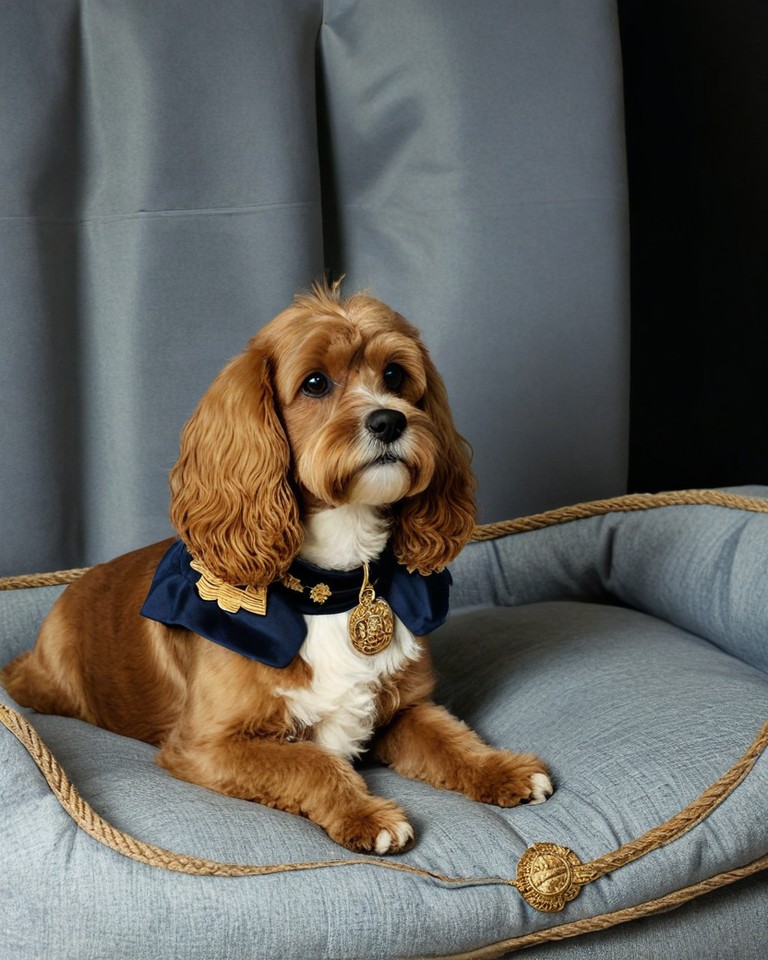 Dog pet portrait in Naval Admiral style — a cavapoo in a decorated navy uniform