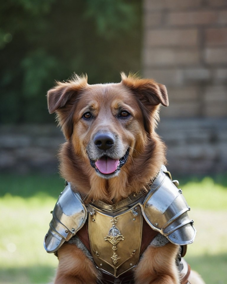 Dog pet portrait in Knight style — a golden retriever in silver plate armour