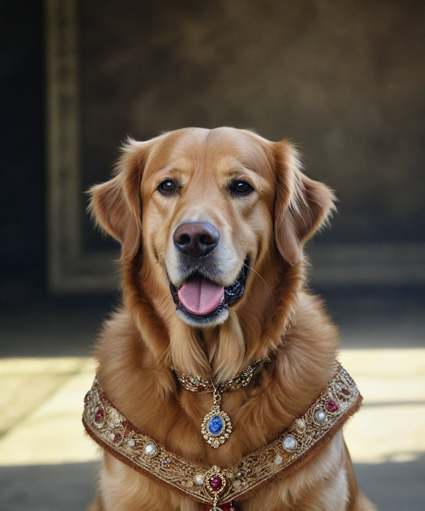 Custom pet portrait printed on canvas — a golden retriever as royalty in Regal Renaissance style